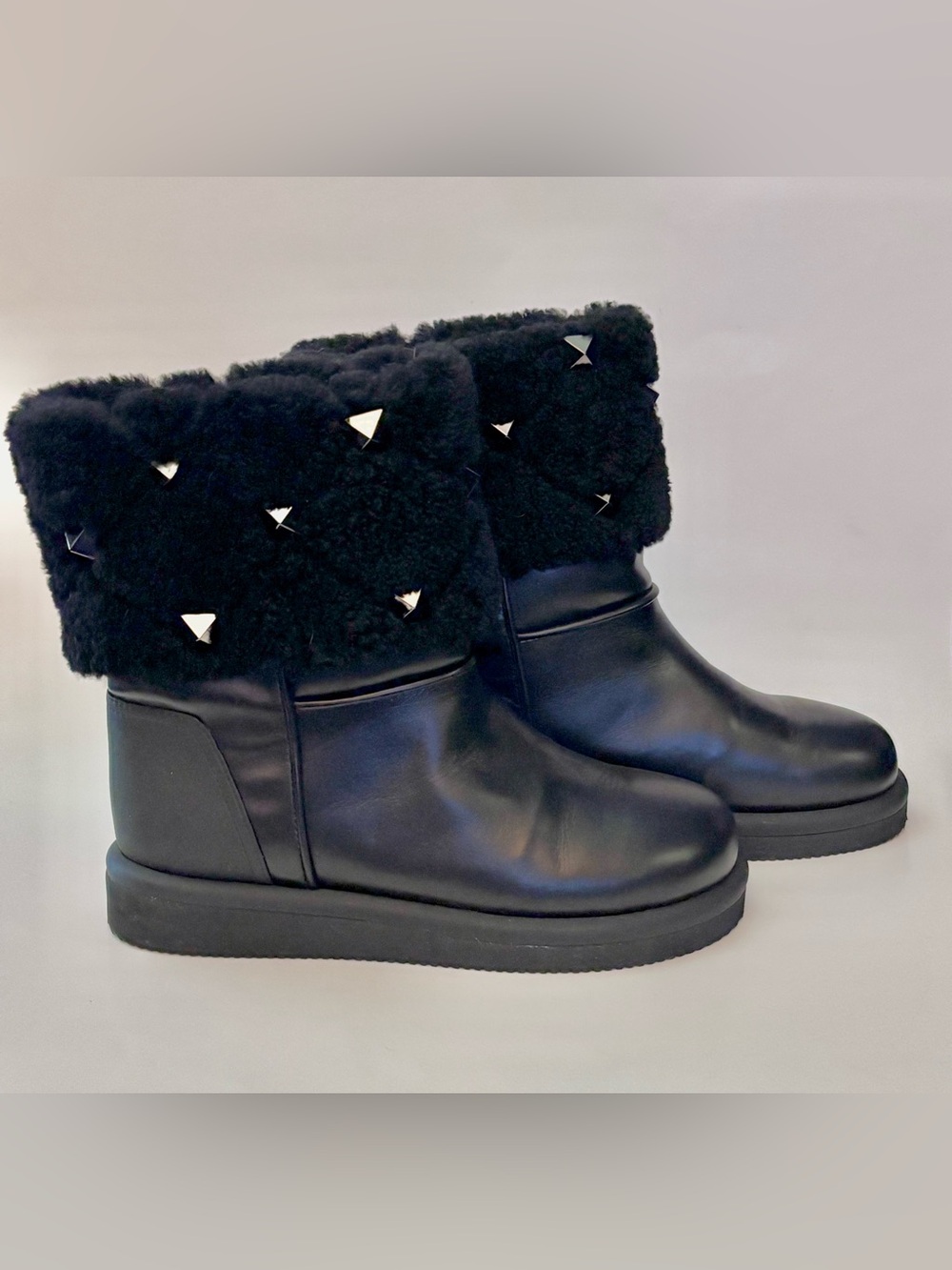 Black Stud-Accented Faux Shearling Winter Boots - Women